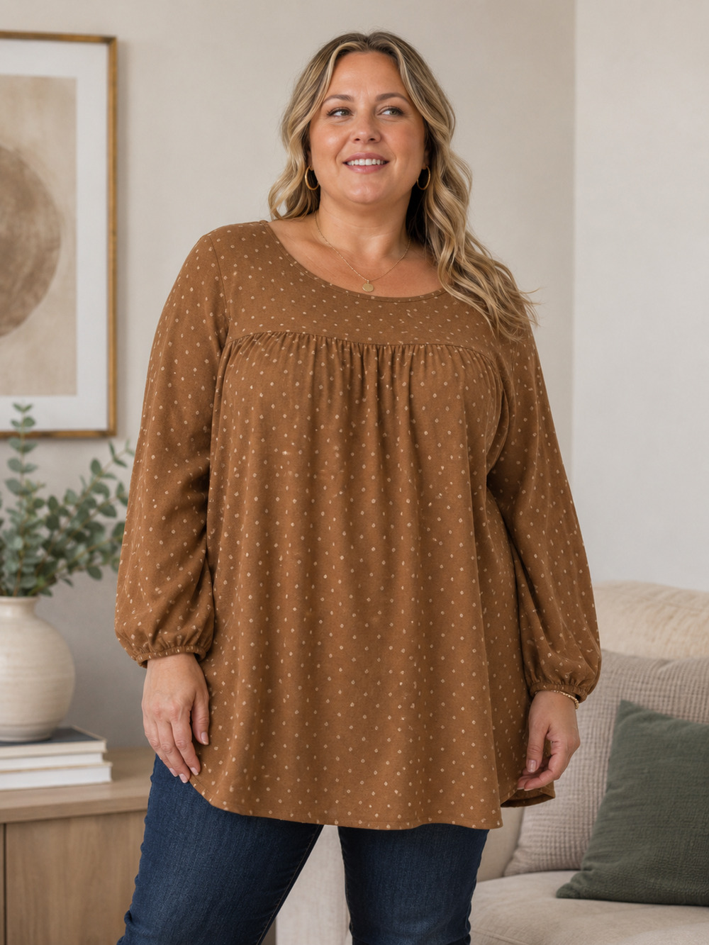 Cotton Bleu NWT XL Swiss Dot Babydoll Tunic Top Brown Long Sleeve Boho Blouse